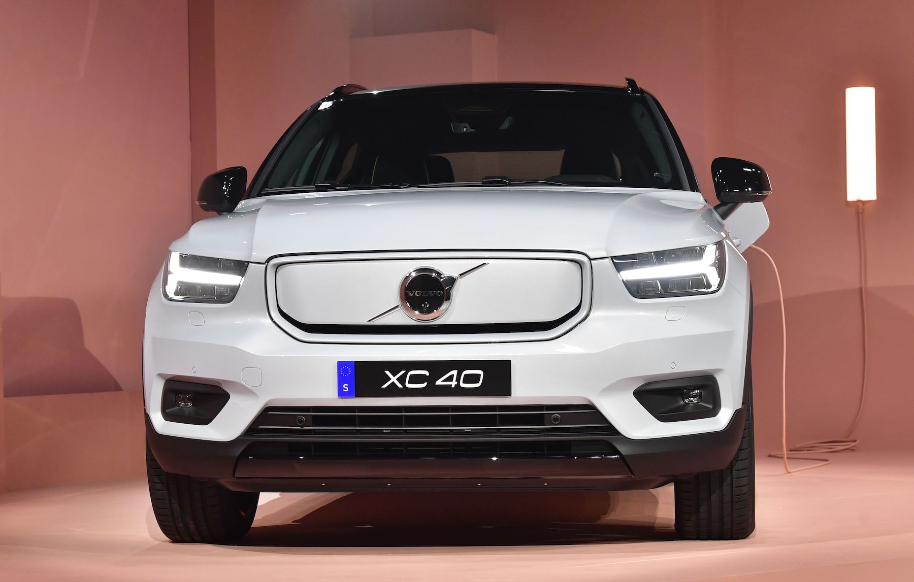 Swedish automaker Volvo unveils its first electric vehicle, the XC40 Recharge EV, during an event in Los Angeles, California