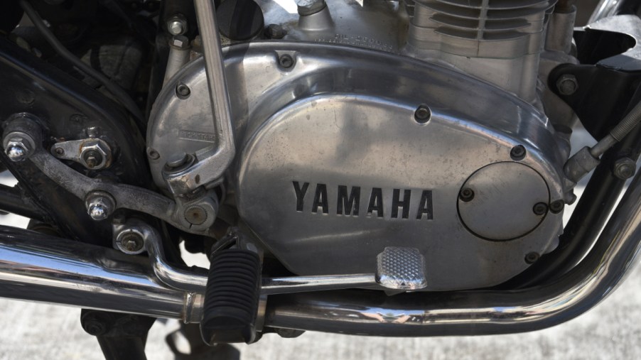 A close up shot of a Yamaha motorcycle engine