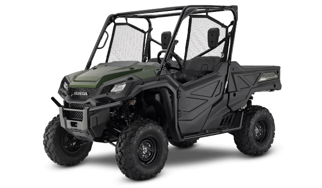 a Honda Pioneer side-by-side UTV against a white backdrop in a press photo