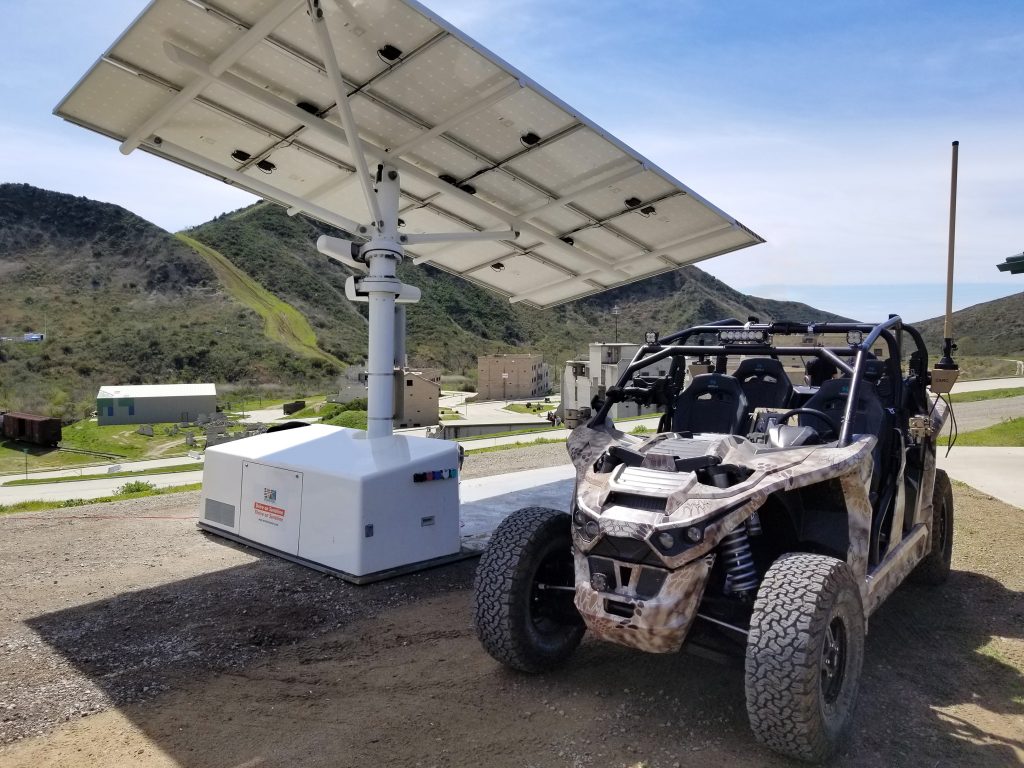 A camouflaged electric Reckless sits at a charging station.
