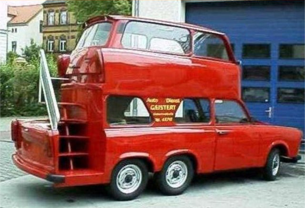 red Trabant with second body stacked on top