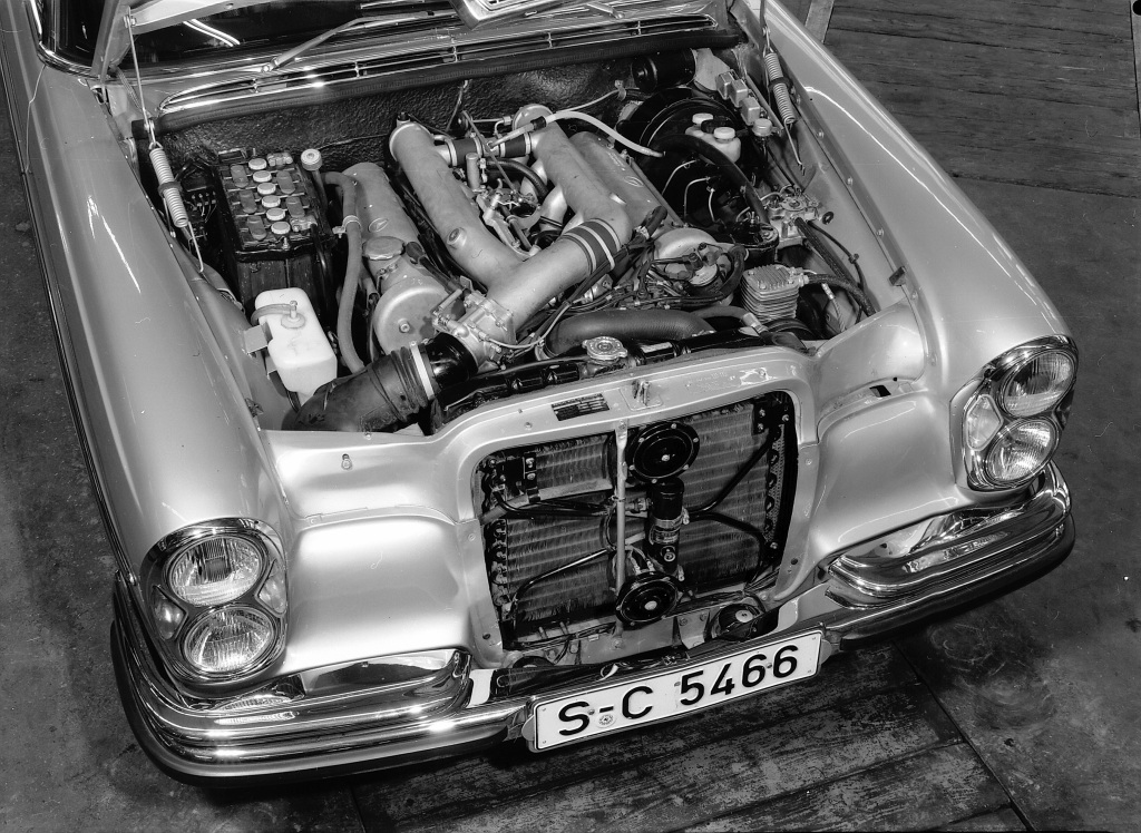 A black-and-white photo of the 1968 Mercedes 300SEL 6.3's engine bay