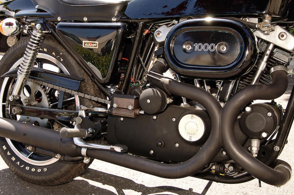 A close-up of the 1978 Harley-Davidson XLCR's V-twin engine