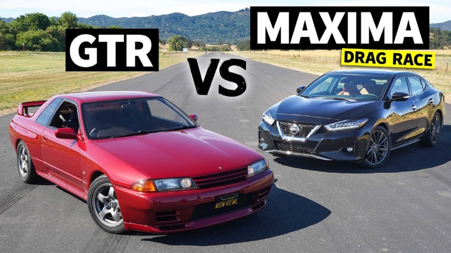 A red 1990 Nissan Skyline GTR vs. a black 2020 Nissan Maxima