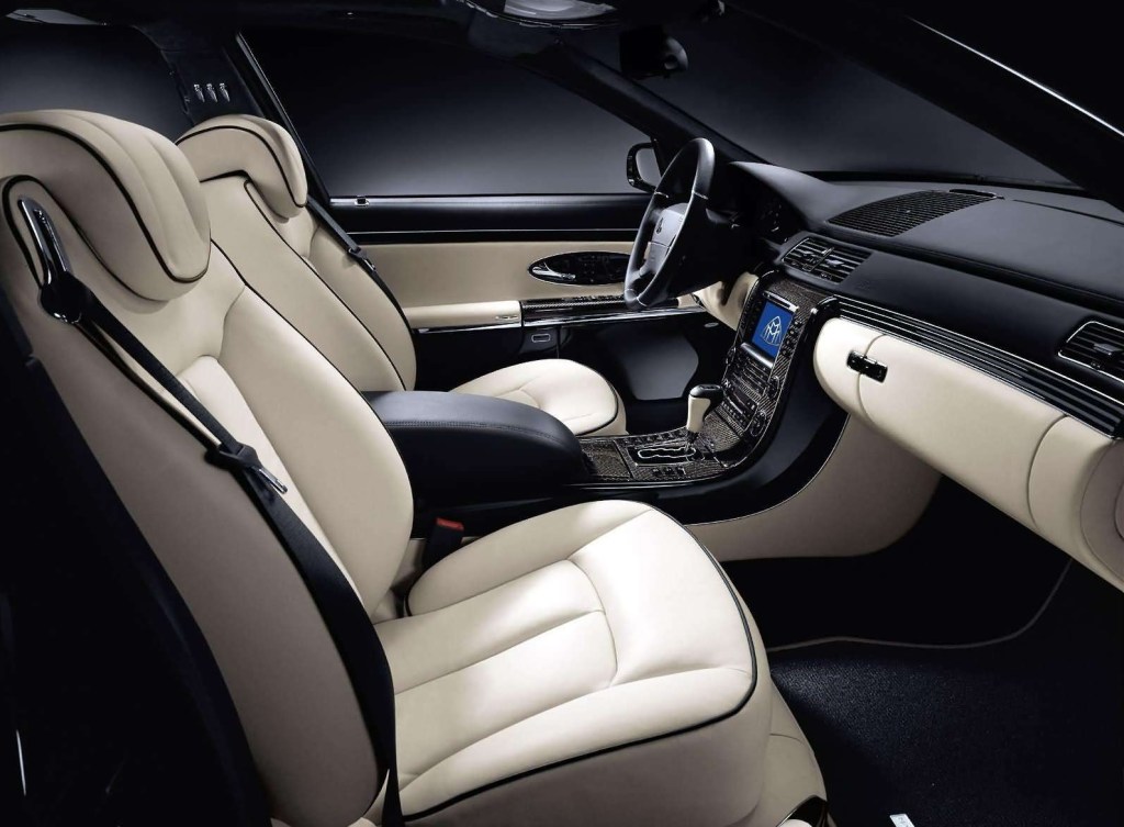 A white-leather and carbon-fiber-trimmed 2005 Maybach 57s interior