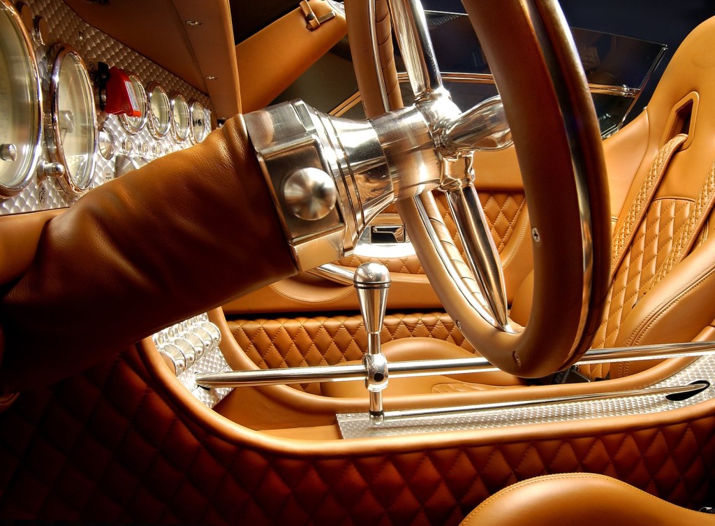 The leather-and-aluminum interior of the 2005 Spyker C8 Spyder