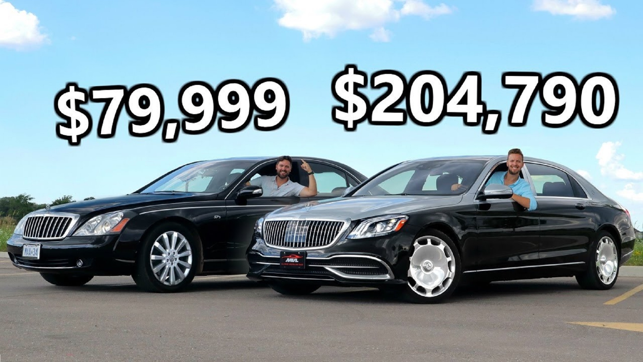A black 2007 Maybach 57s next to a silver-and-black 2020 Mercedes-Maybach S560