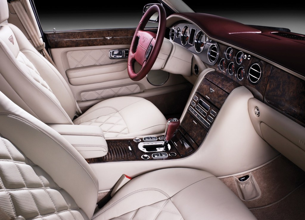 The white-leather wood-lined interior of the 2009 Bentley Arnage Final Series
