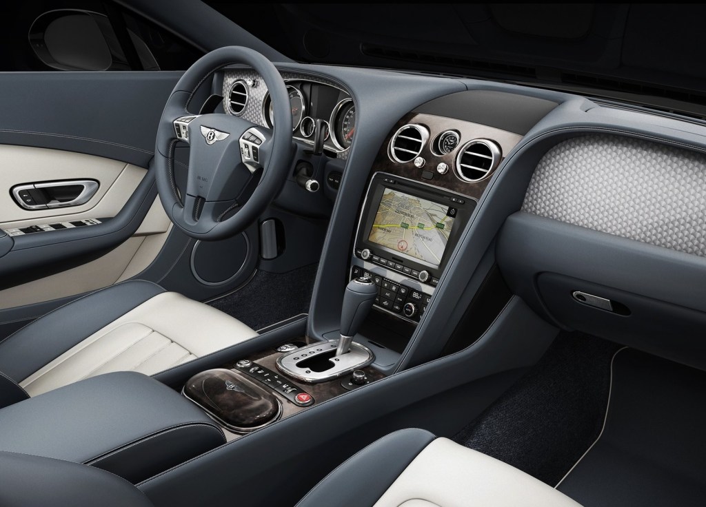 A blue-and-gray version of the 2013 Bentley Continental GT V8's interior