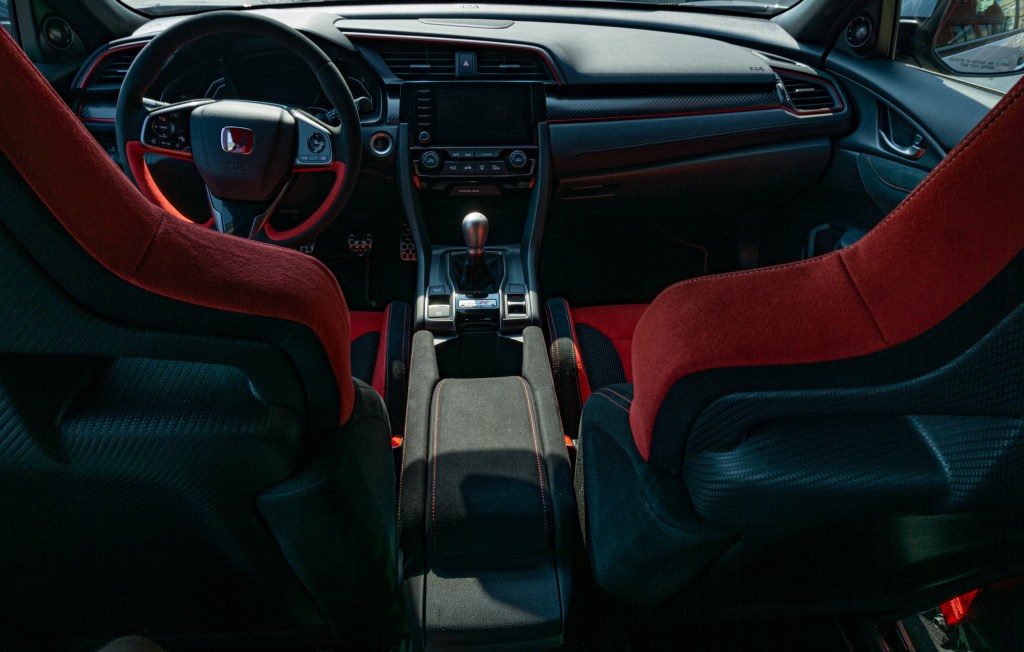 The 2020 Honda Civic Type R's interior seen from the backseat