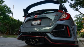 A low-angle shot of the 2020 Honda Civic Type R's wing