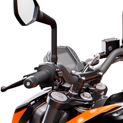 A close-up view of the 2020 KTM 200 Duke's LCD and handlebars