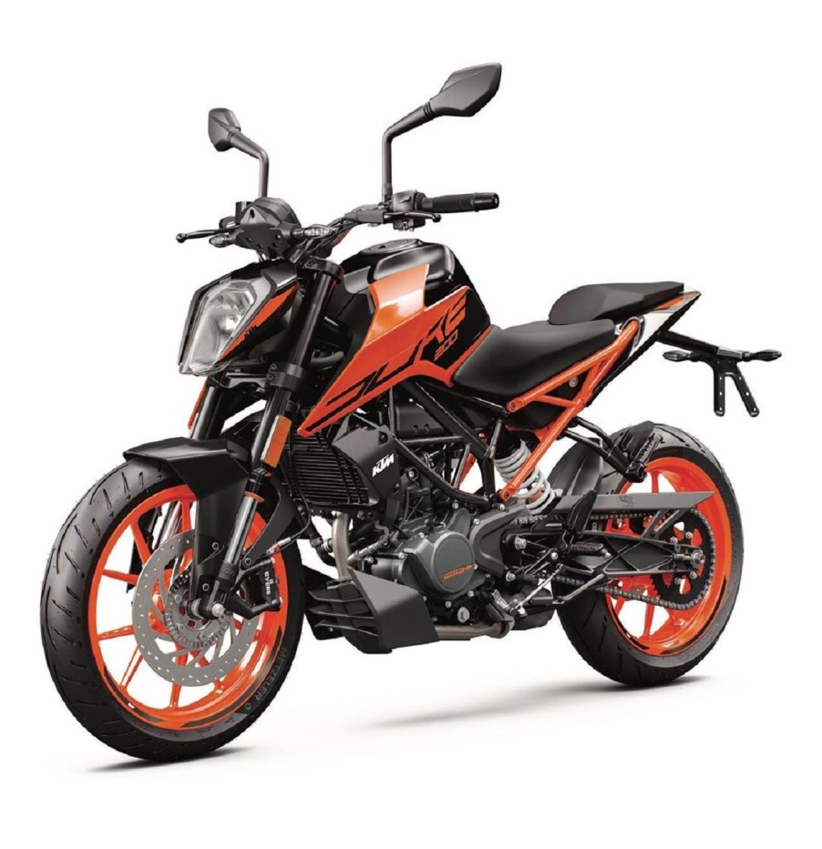 A black-and-orange 2020 KTM 200 Duke
