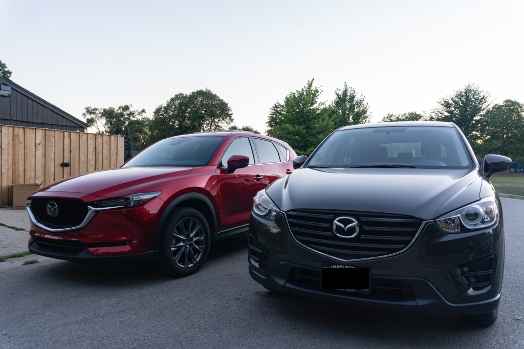 A red 2020 Mazda CX-5 Signature vs. a gray 2016 Mazda CX-5 Sport