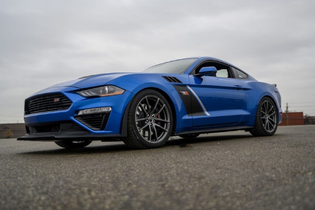 A blue-with-black-stripes 2020 Roush Stage 3 Mustang