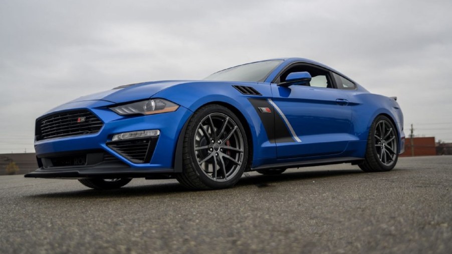 A blue-with-black-stripes 2020 Roush Stage 3 Mustang