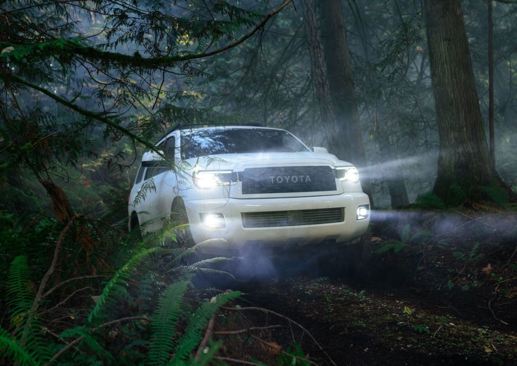 2020 Toyota Sequoia driving through a misty forest with headlights on