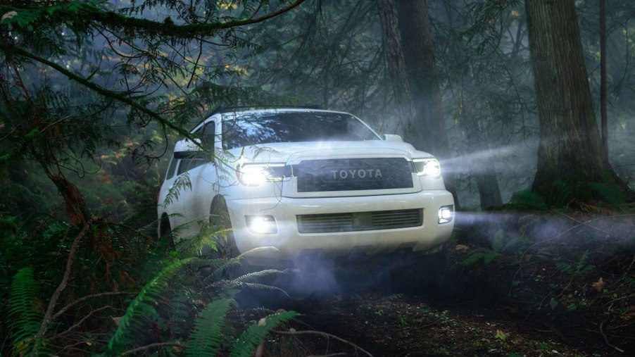 2020 Toyota Sequoia driving through a misty forest with headlights on