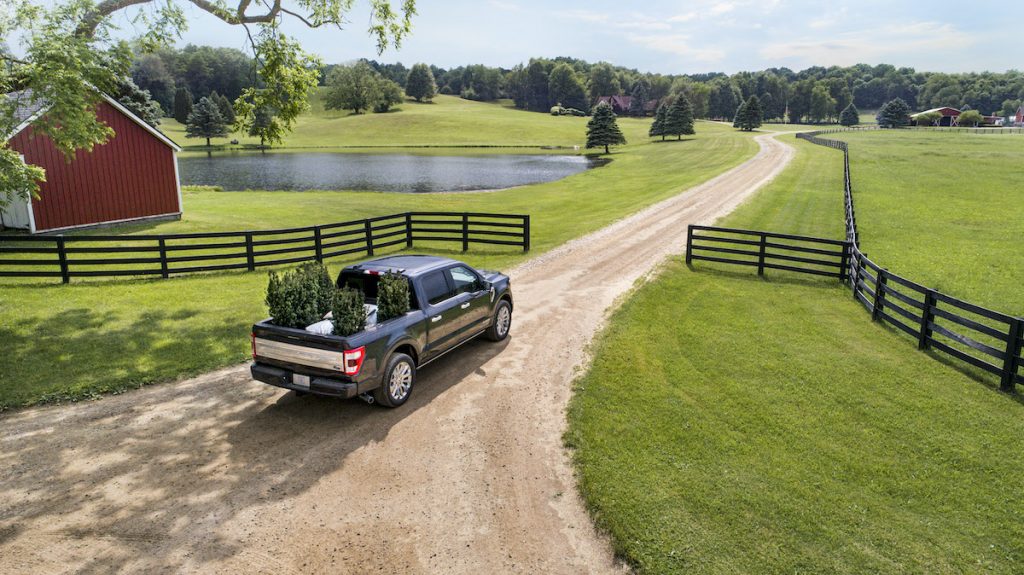 2021 Ford F-150 on a farm with plants loaded in the truck bed