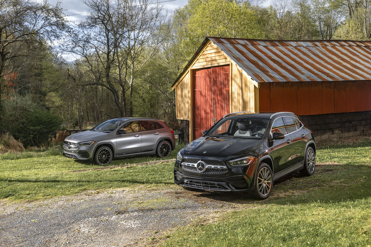 2021 Mercedes Benz GLA next to a barn or shed