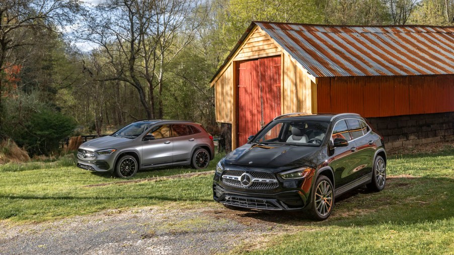 2021 Mercedes Benz GLA next to a barn or shed