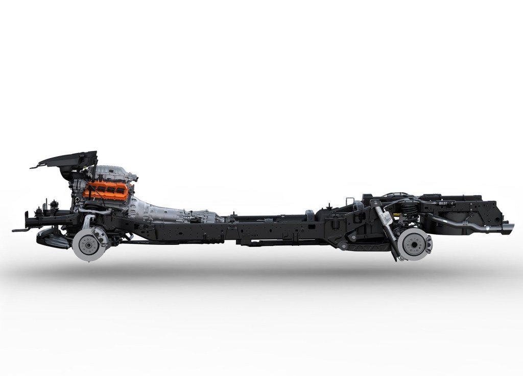 The 2021 Ram 1500 TRX's bare chassis, displaying its Bilstein dampers and Hellcat V8