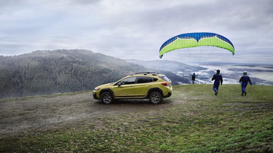 2021 Subaru Crosstrek with a parachute and two people ready to fly