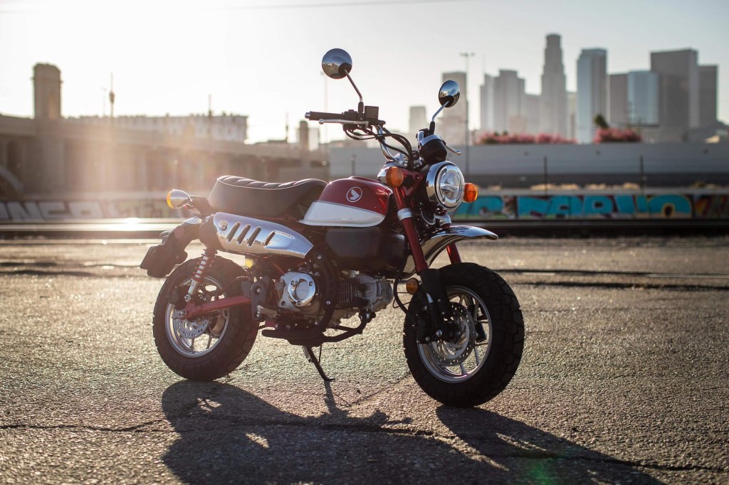 A red-and-white 2021 Honda Monkey