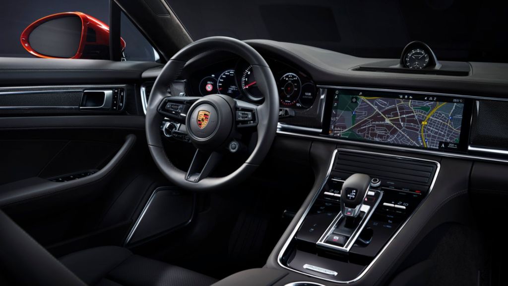 The 2021 Panamera's interior is upscale and comes with a large center display screen.