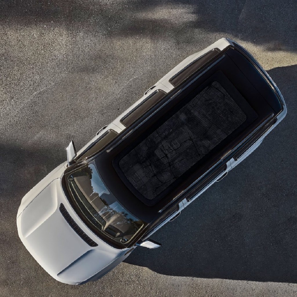 An overhead view of the 2022 Jeep Grand Wagoneer's tinted glass roof