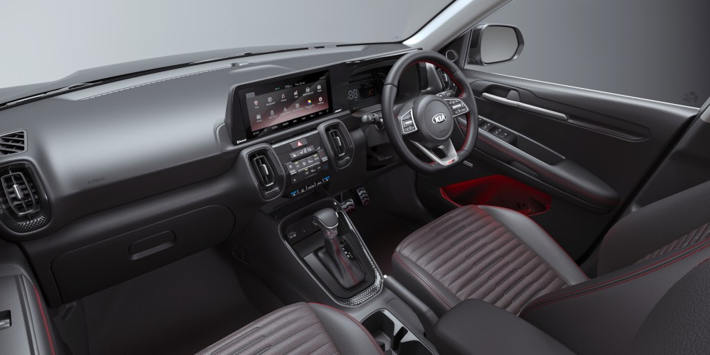 The black interior of an Indian right-hand-drive Kia Sonet