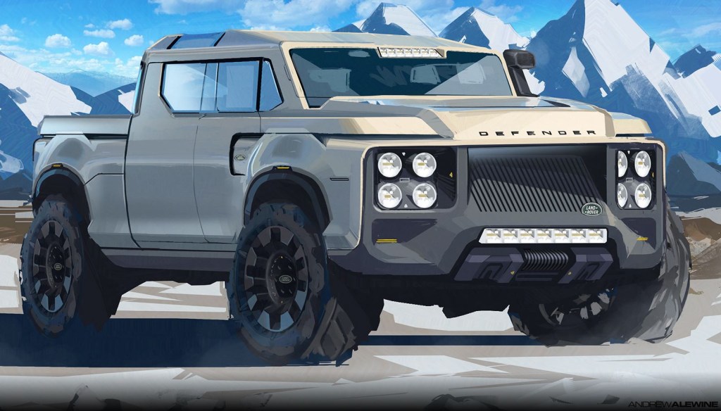 A large, blocky, full-size pickup truck rendering for a Land Rover.