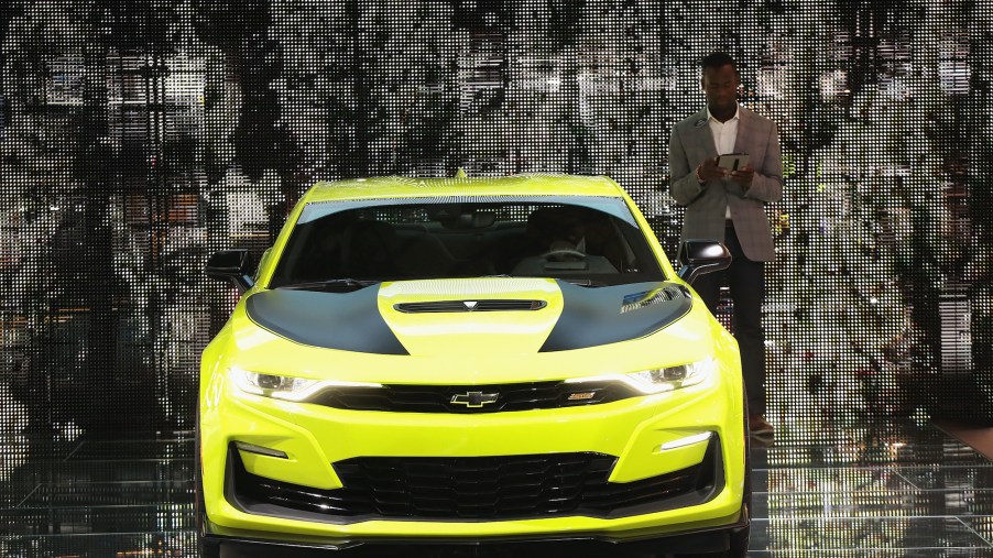 Chevy shows off its Chevrolet Camaro, rival to the Ford Mustang, at the North American International Auto Show