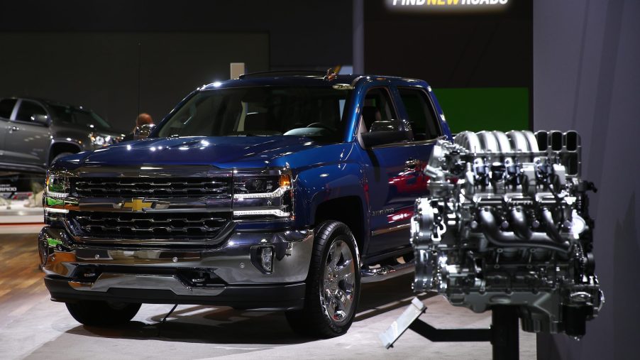 A Chevy Silverado 1500 on display at an auto show