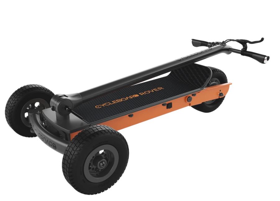 The Cycleboard Rover G2 has its handle folded down to show the units compactness. 