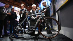 An electric bike on display at a show