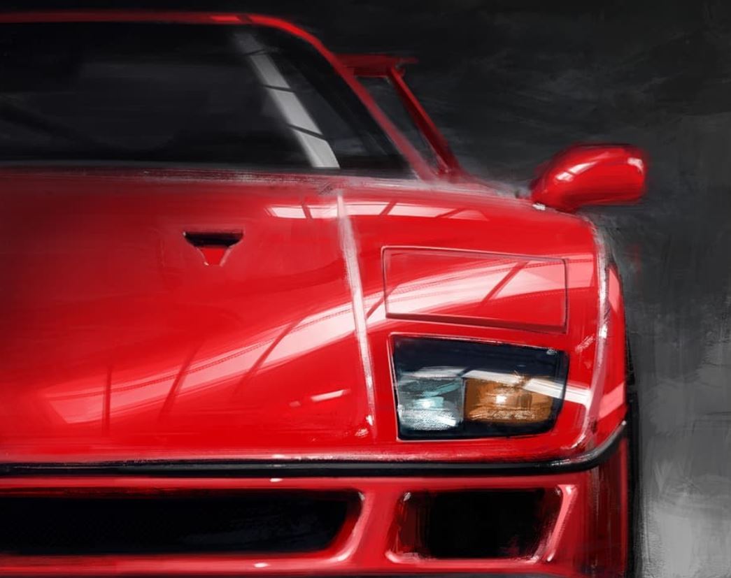 A red Ferrari F40 painting by Chris Dunlop (Pinstripe Chris)