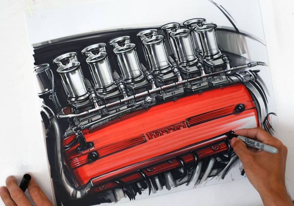 A drawing of a Ferrari engine with 12 velocity stacks sitting above a red valve cover.