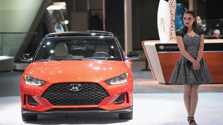 A Hyundai Veloster is displayed at the North American International Auto Show