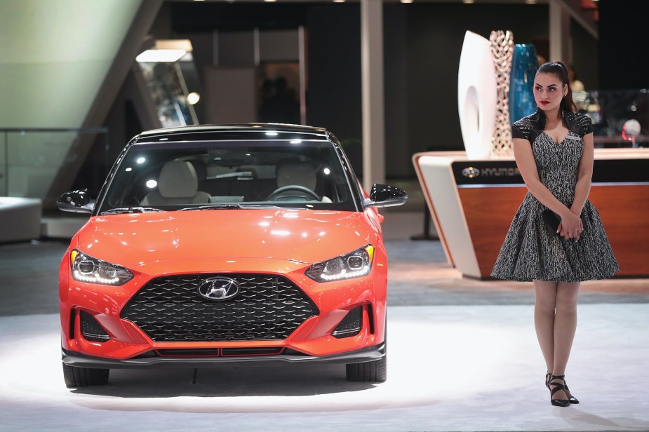 A Hyundai Veloster is displayed at the North American International Auto Show