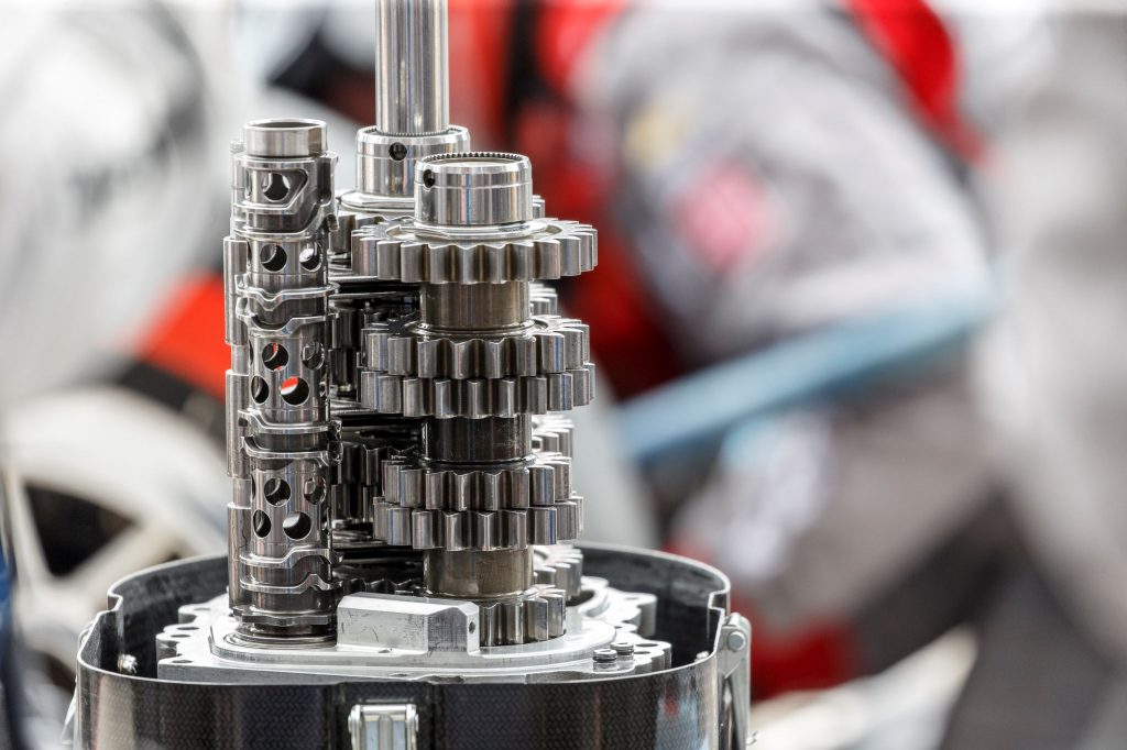 The gears and other internal components of an IndyCar transmission