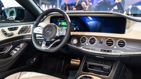 Mercedes-Benz S-Class S560e 4MATIC Plug-in hybrid sedan luxury limousine interior on display at Brussels Expo