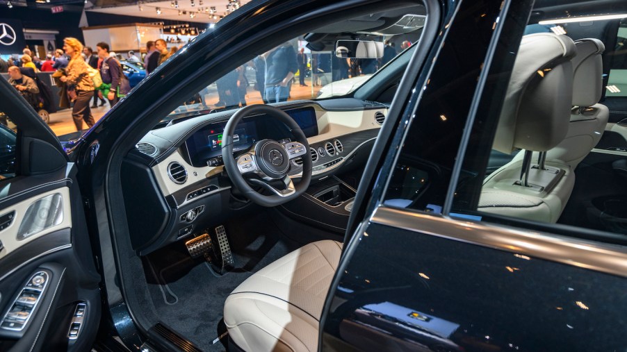 Mercedes-Benz S-Class S560e 4MATIC Plug-in hybrid sedan luxury limousine interior on display at Brussels Expo