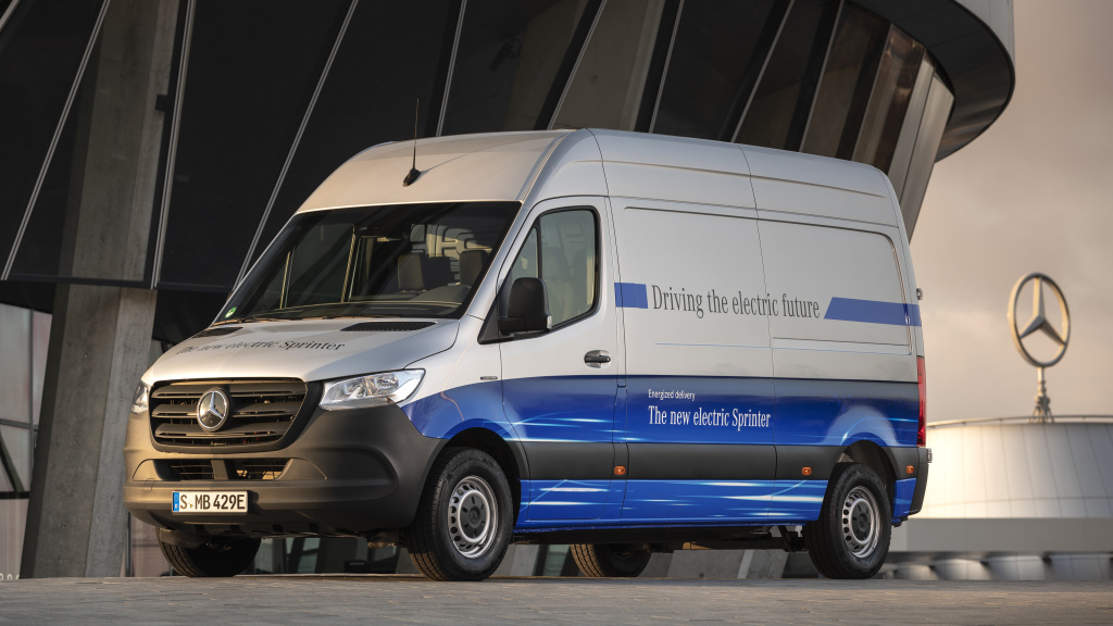 A white-and-blue Mercedes eSprinter cargo van