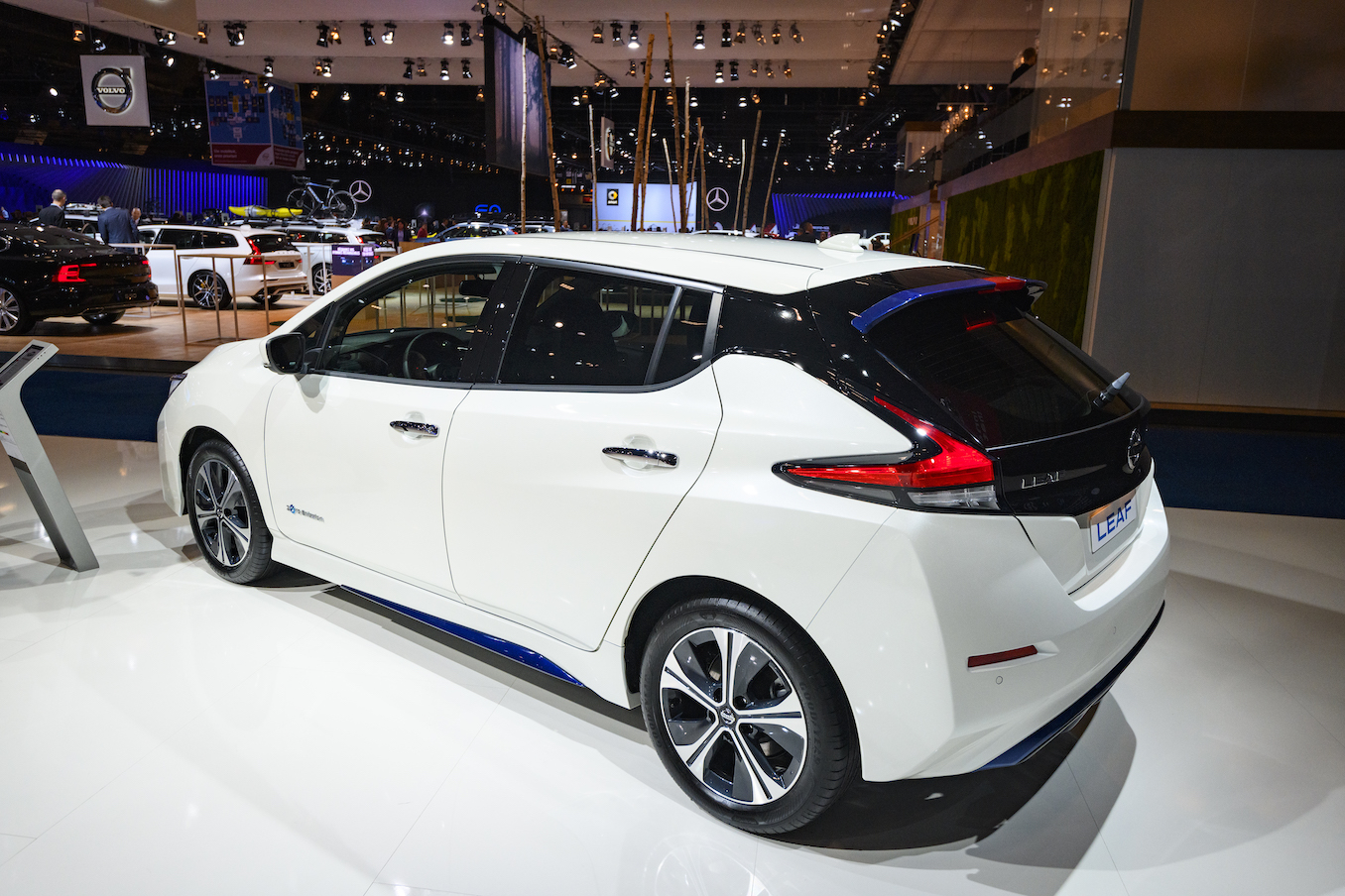 Nissan Leaf compact five-door hatchback battery electric vehicle on display at Brussels Expo