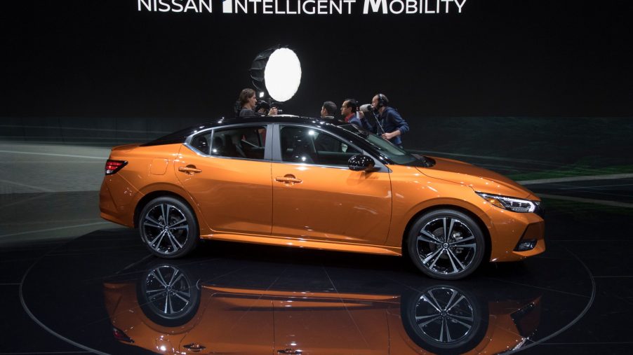 A new Nissan Sentra on display at an auto show