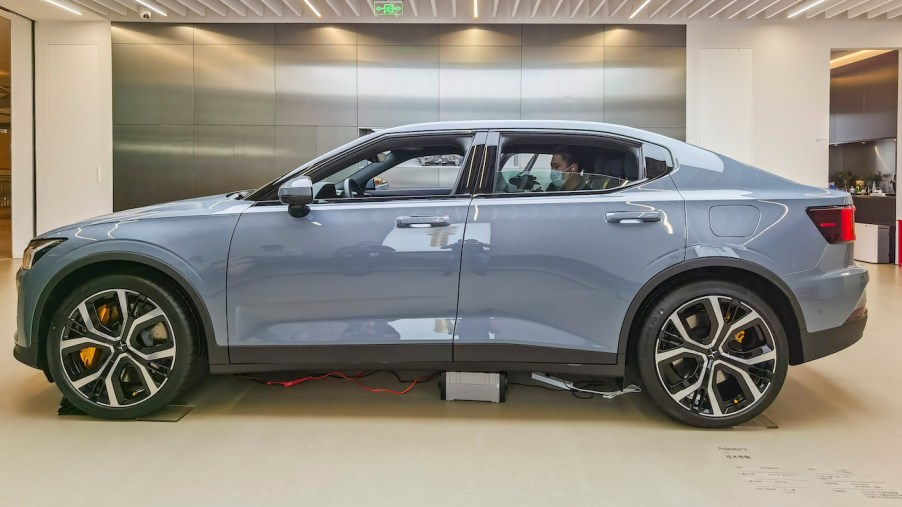 A Polestar 2 electric vehicle on display at the Polestar Flagship Store