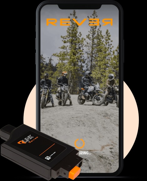 An RLINK motorcycle GPS tracker with a smartphone displaying the Rever app