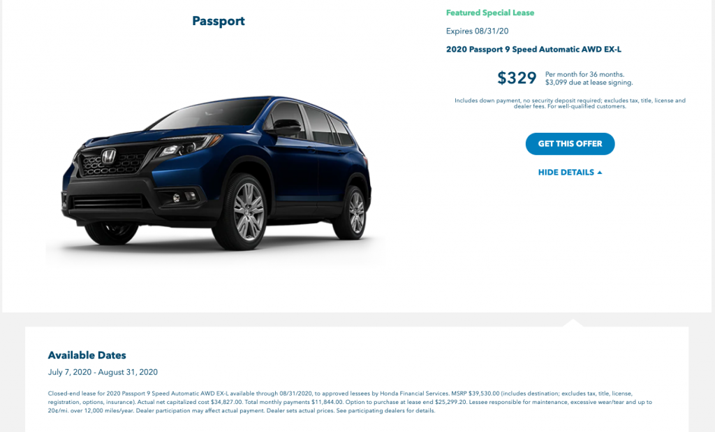 Honda's National Lease Special for the 2020 Honda Passport 