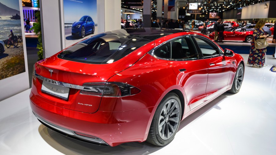 Tesla Model S dual motor all electric sedan on display at Brussels Expo